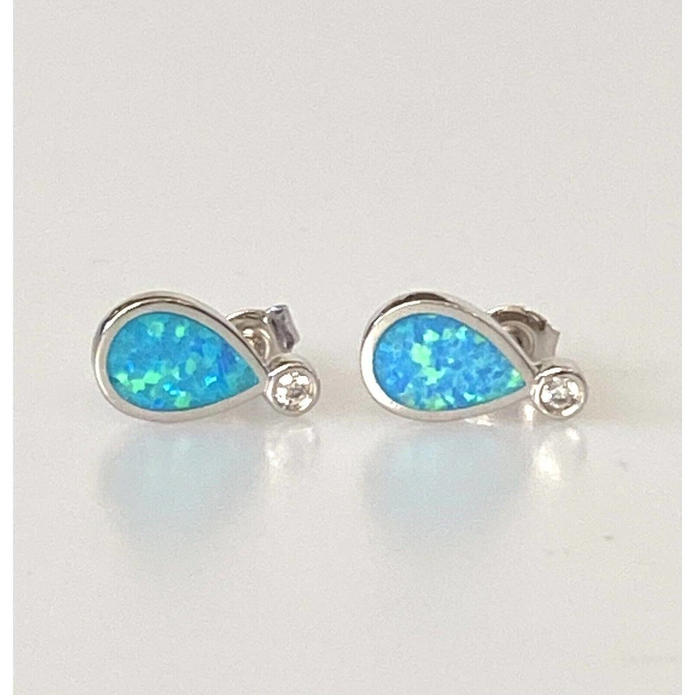 925 Sterling Silver Earrings T925 Blue Simulated Opal Clear Cubic Zirconia